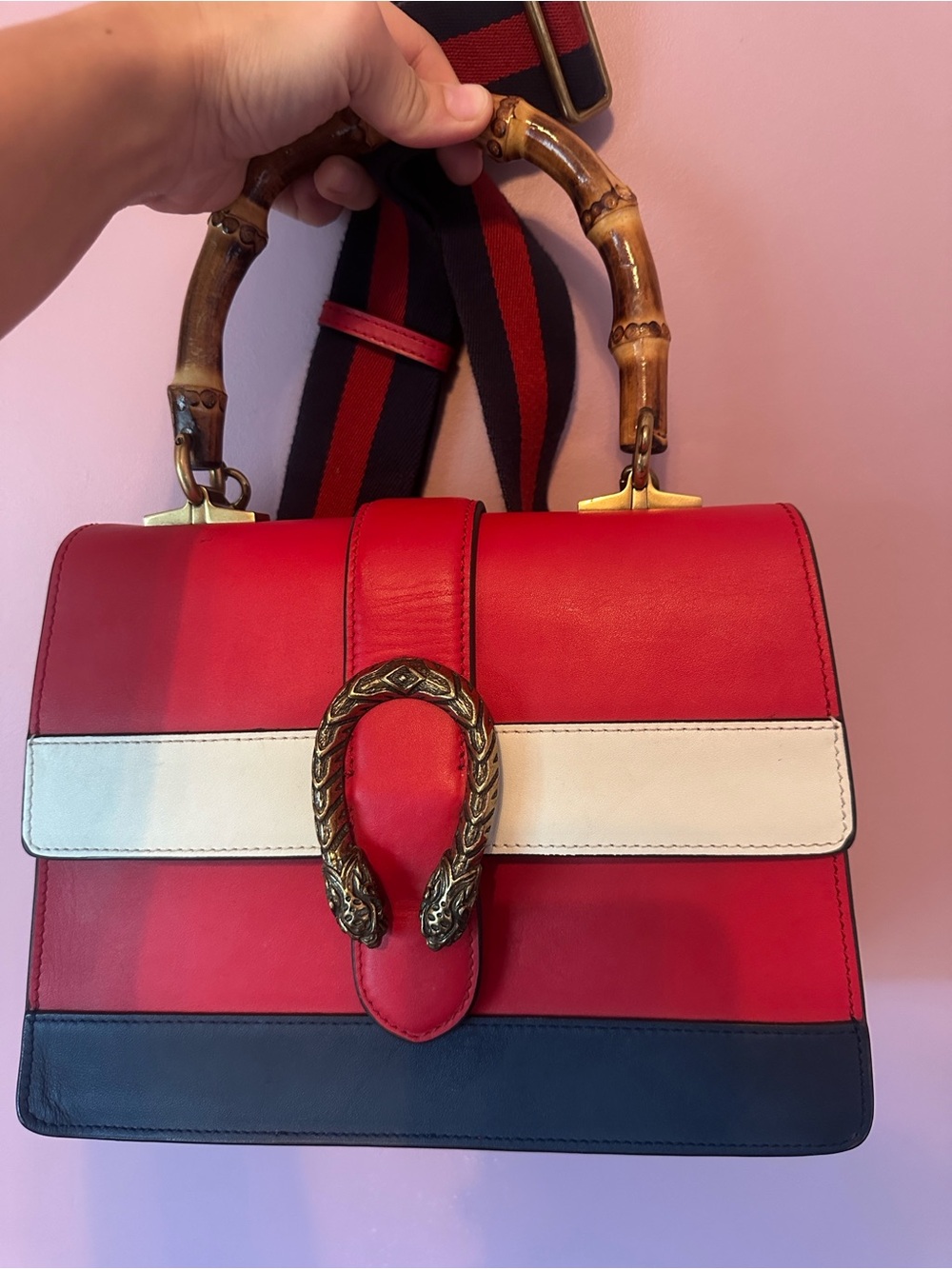 Gucci Red, White & Navy Leather Bamboo-Handle Satchel